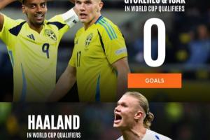 檔次差距？哈蘭德8場16球頭名進世界杯，瑞典2.7億鋒線4場1球墊底