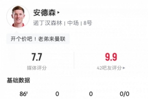 閃耀安菲爾德！安德森數(shù)據(jù)：3次關(guān)鍵傳球，長傳成功率57.1%