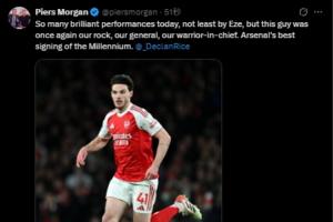 怎么吹都不夠！摩根社媒夸賴斯：阿森納在千禧年最好的一筆引援！