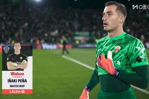 完成5次撲救！官方：埃爾切門將佩尼亞當(dāng)選全場最佳球員