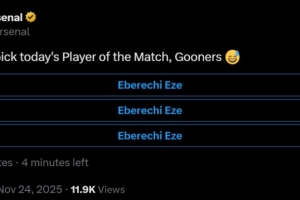 阿森納官方全場最佳投票，選項(xiàng)：埃澤、埃澤、埃澤